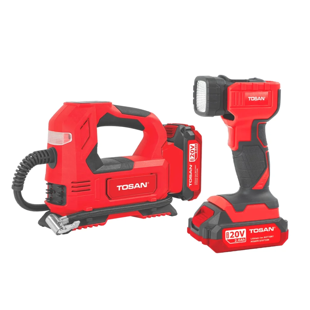کیت ترکیبی 2 پارچه کمپرسور فندکی و چراغ‌قوه شارژی مدل 9799K